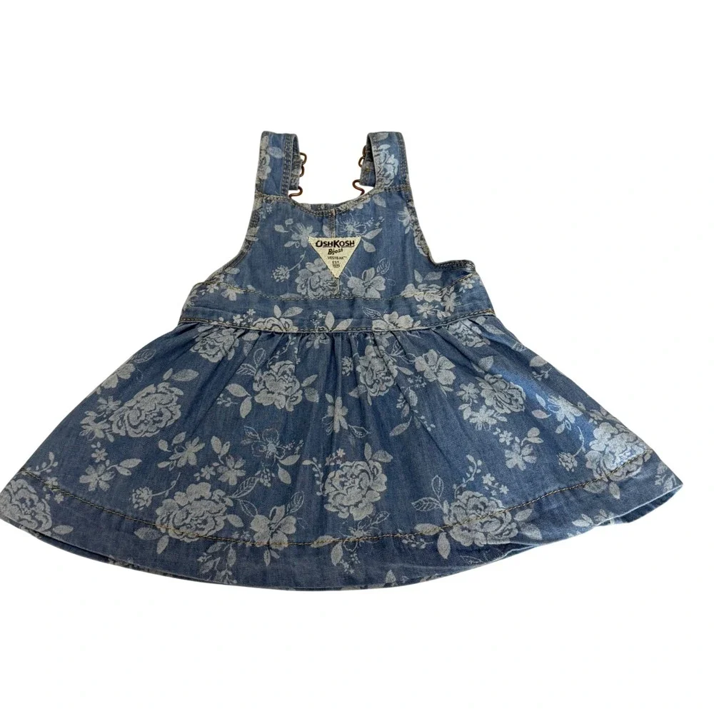 OshKosh Bgosh Baby Girls Blue Floral Denim Overall Dress Jumper Vestbak 6 Months